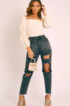 Rebellious Fashion Cream Button Up Milkmaid Crop Top - Miyah