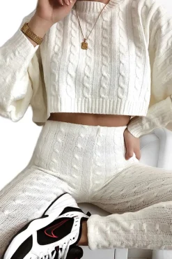 Rebellious Fashion Cream Cable Knit Batwing Jumper Loungwear Set - Janea