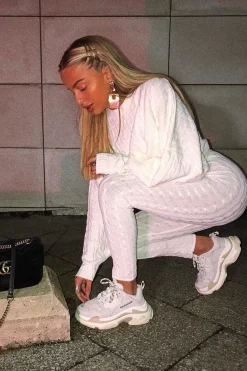 Rebellious Fashion Cream Cable Knit Batwing Jumper Loungwear Set - Janea