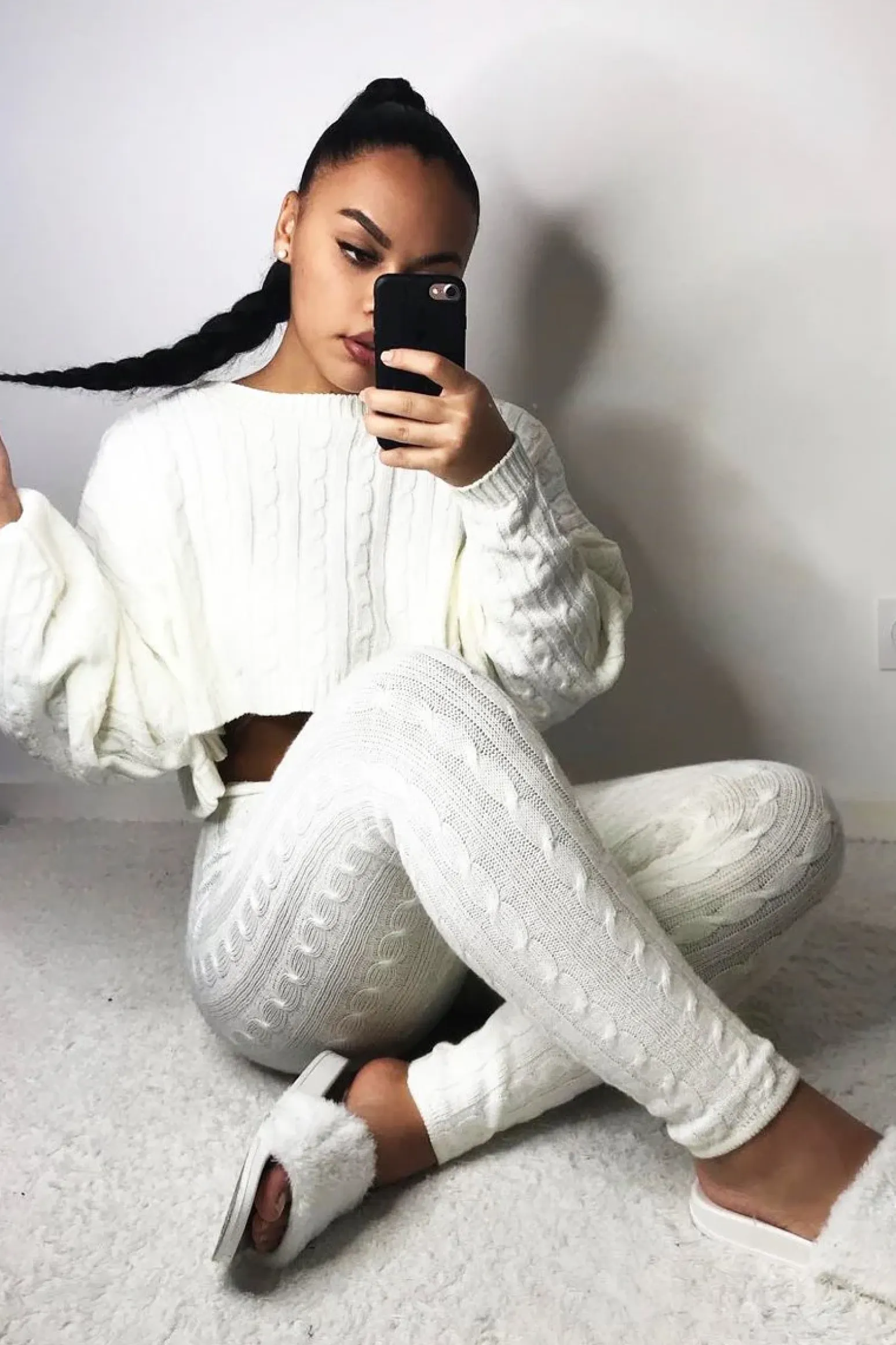 Rebellious Fashion Cream Cable Knit Batwing Jumper Loungwear Set - Janea