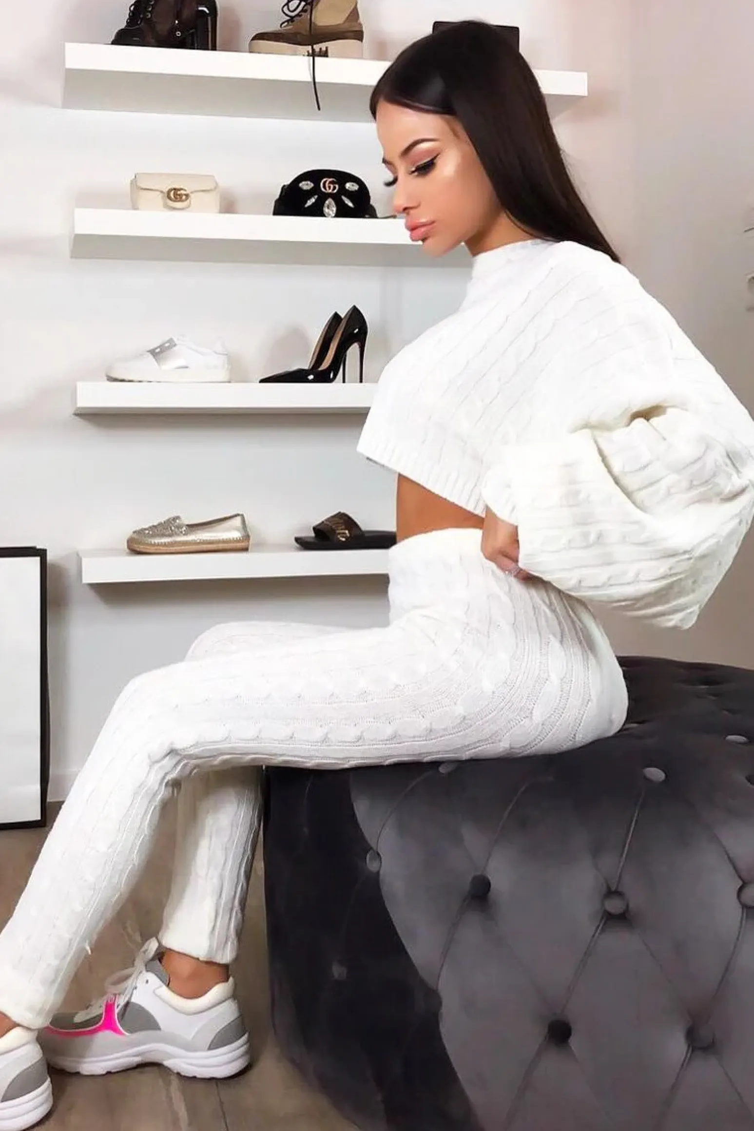 Rebellious Fashion Cream Cable Knit Batwing Jumper Loungwear Set - Janea