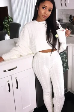 Rebellious Fashion Cream Cable Knit Batwing Jumper Loungwear Set - Janea