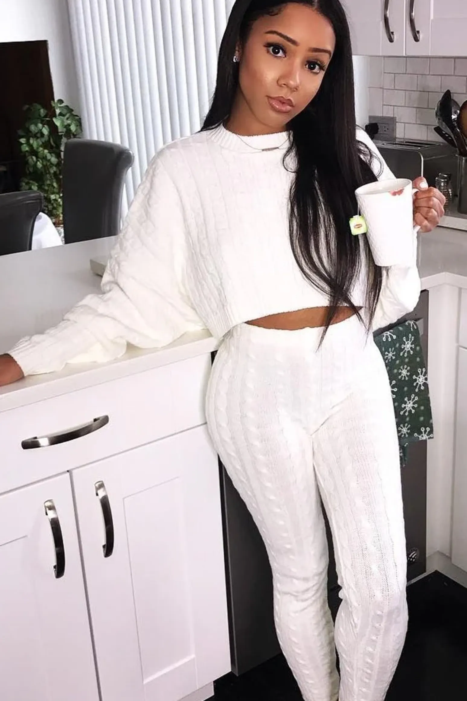 Rebellious Fashion Cream Cable Knit Batwing Jumper Loungwear Set - Janea