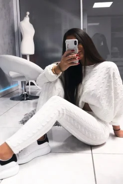 Rebellious Fashion Cream Cable Knit Batwing Jumper Loungwear Set - Janea