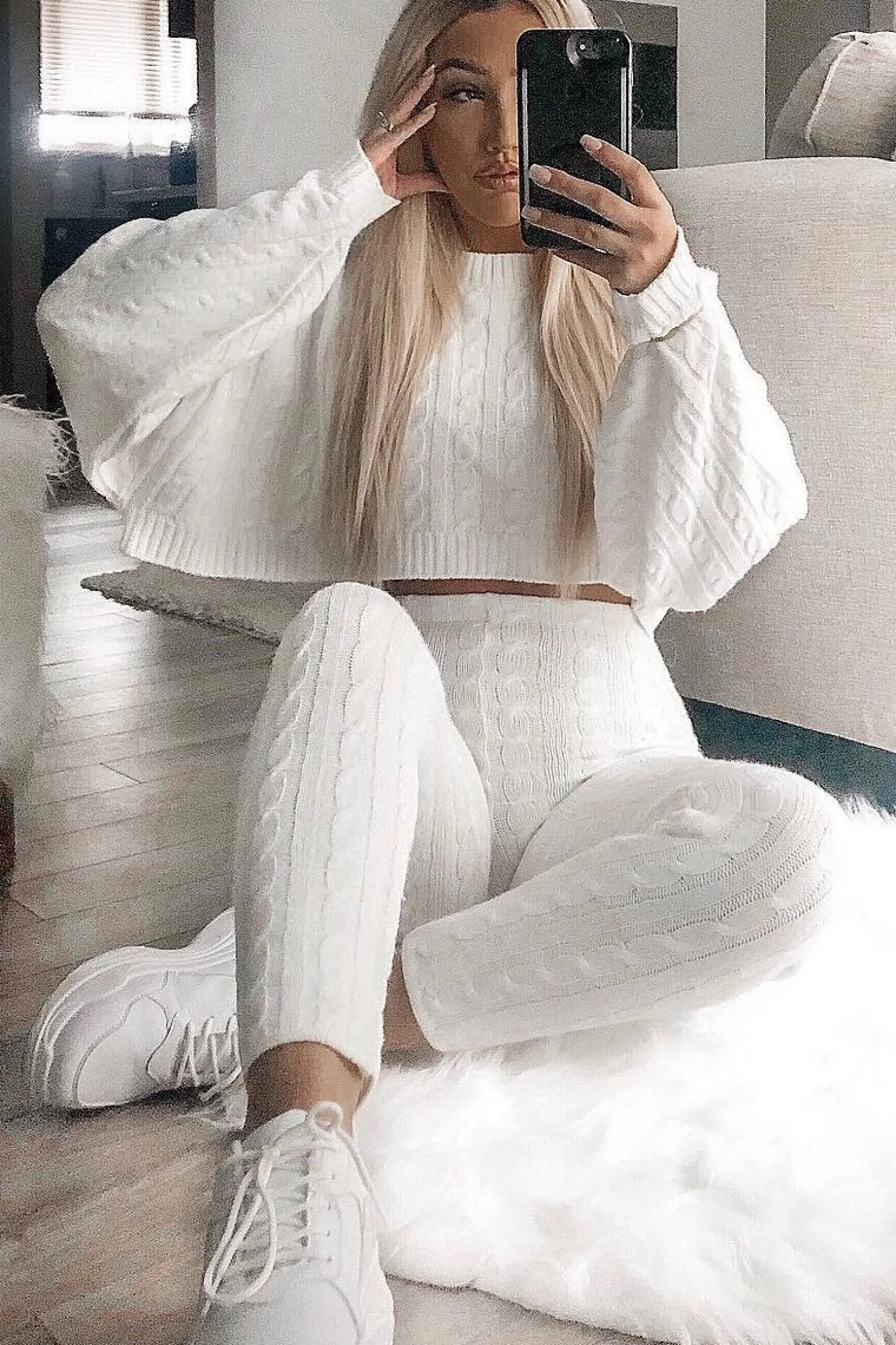 Rebellious Fashion Cream Cable Knit Batwing Jumper Loungwear Set - Janea