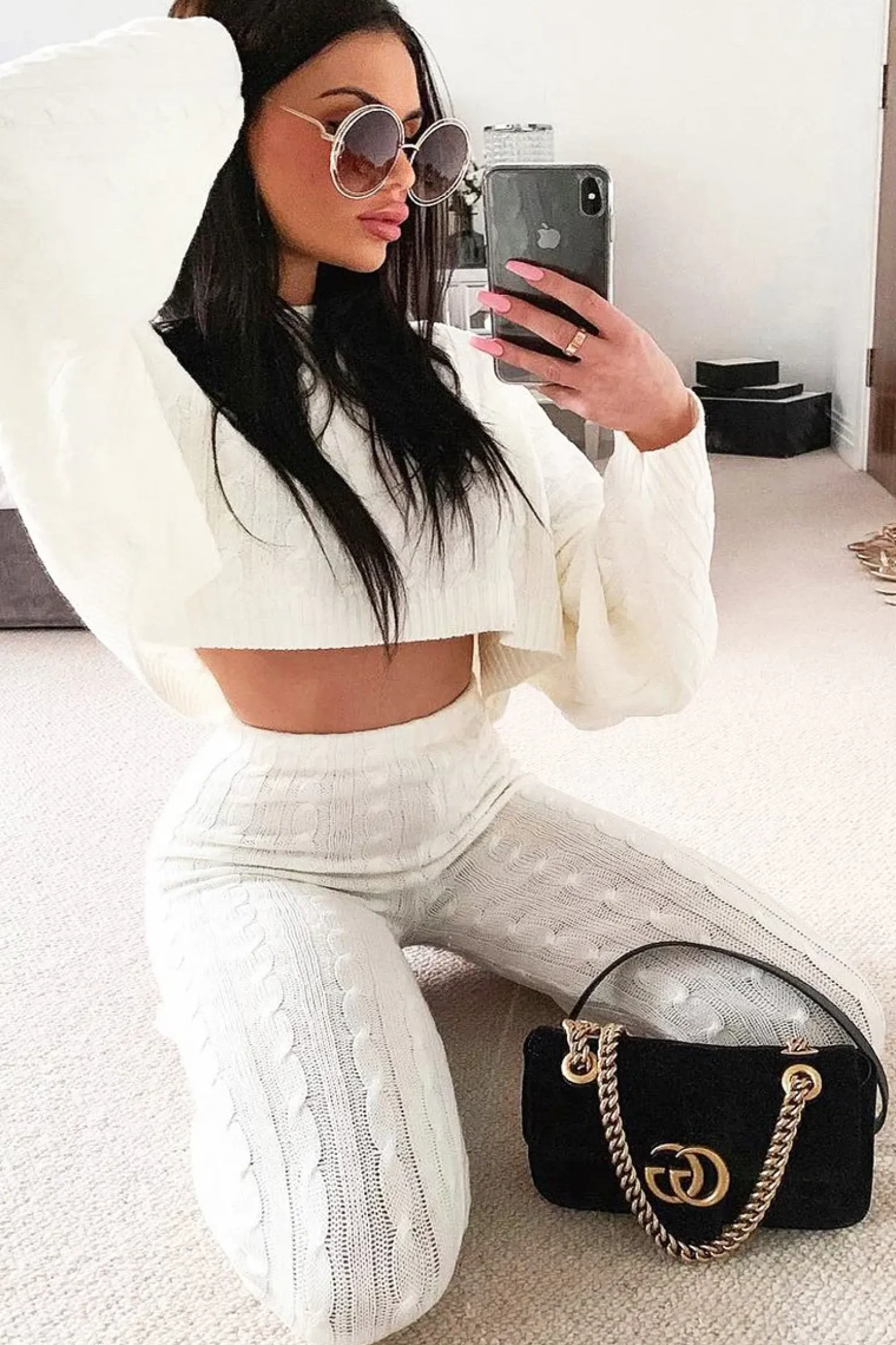 Rebellious Fashion Cream Cable Knit Batwing Jumper Loungwear Set - Janea