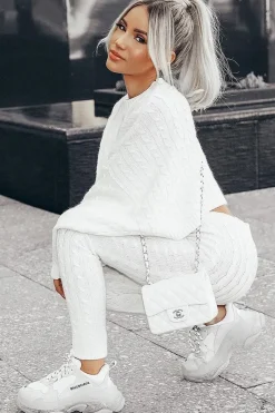 Rebellious Fashion Cream Cable Knit Batwing Jumper Loungwear Set - Janea