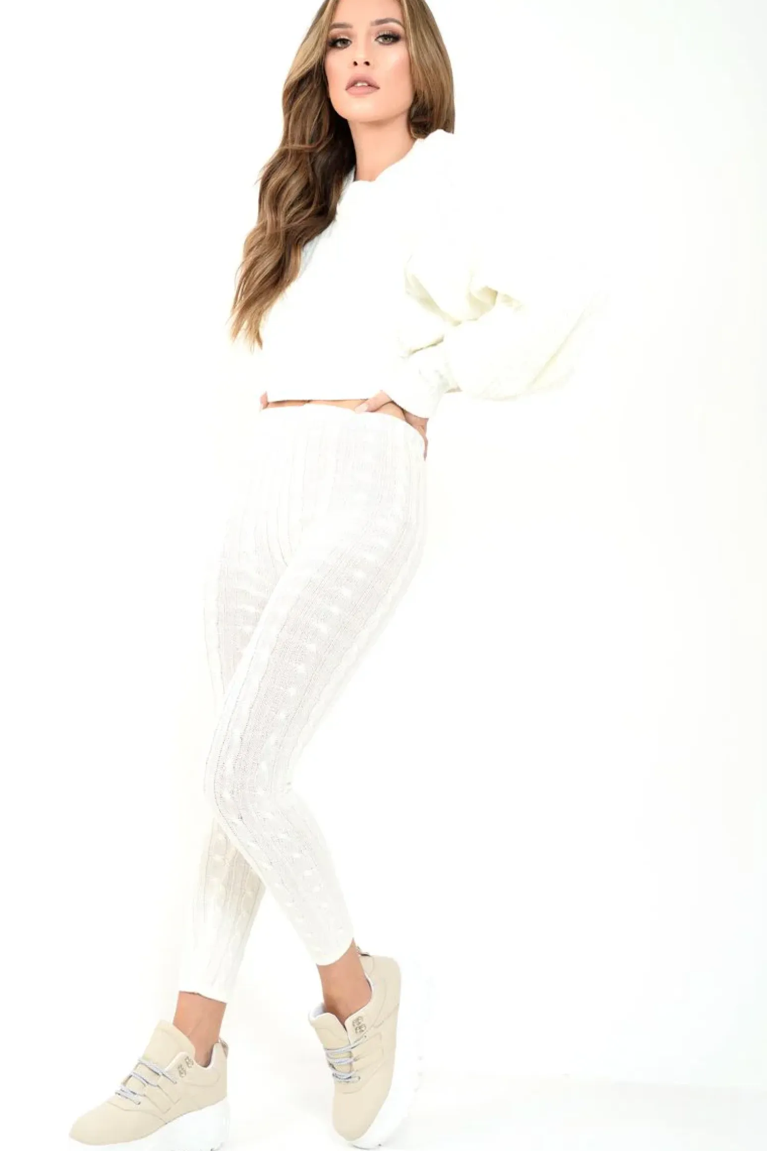 Rebellious Fashion Cream Cable Knit Batwing Jumper Loungwear Set - Janea