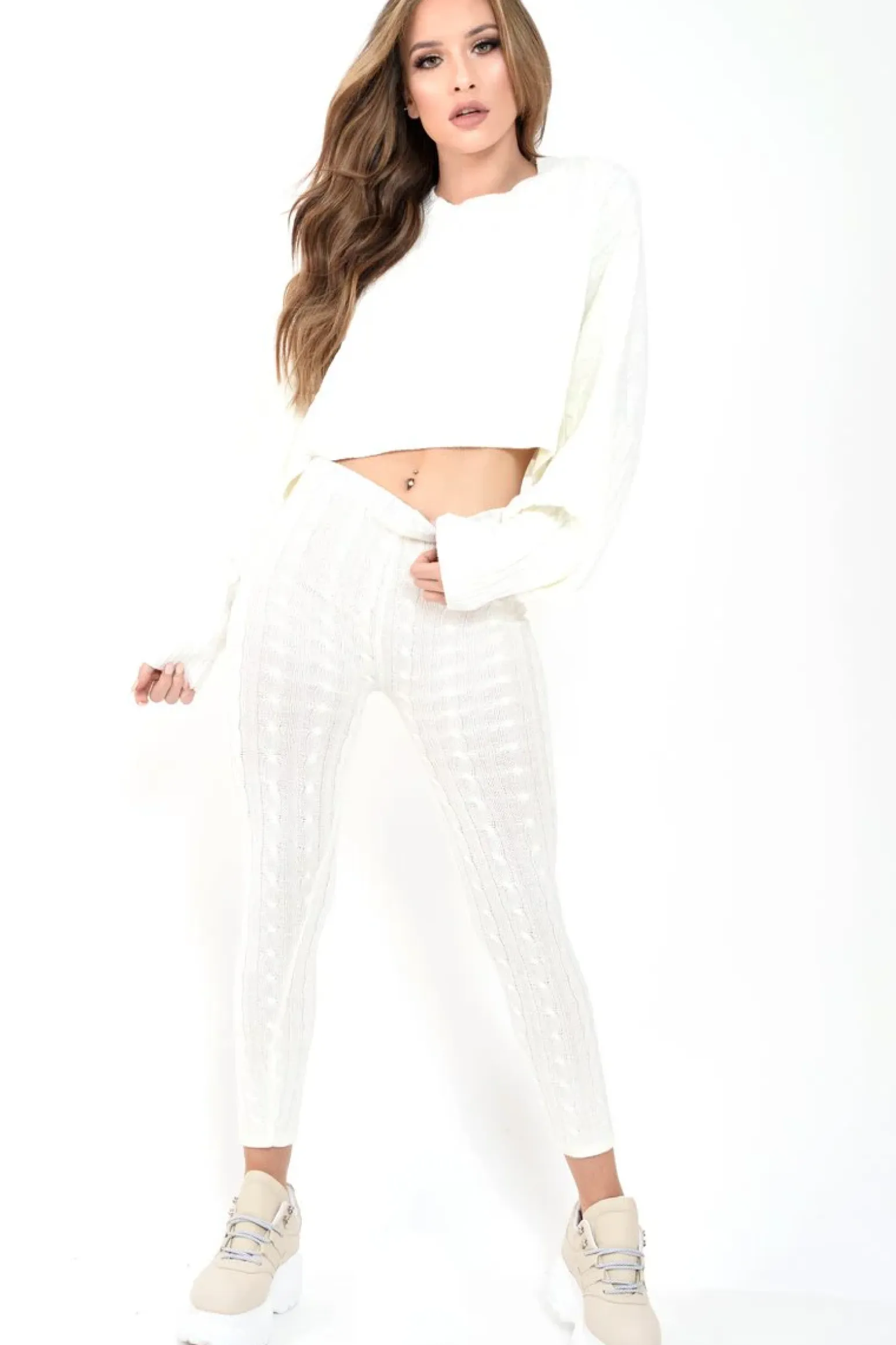 Rebellious Fashion Cream Cable Knit Batwing Jumper Loungwear Set - Janea