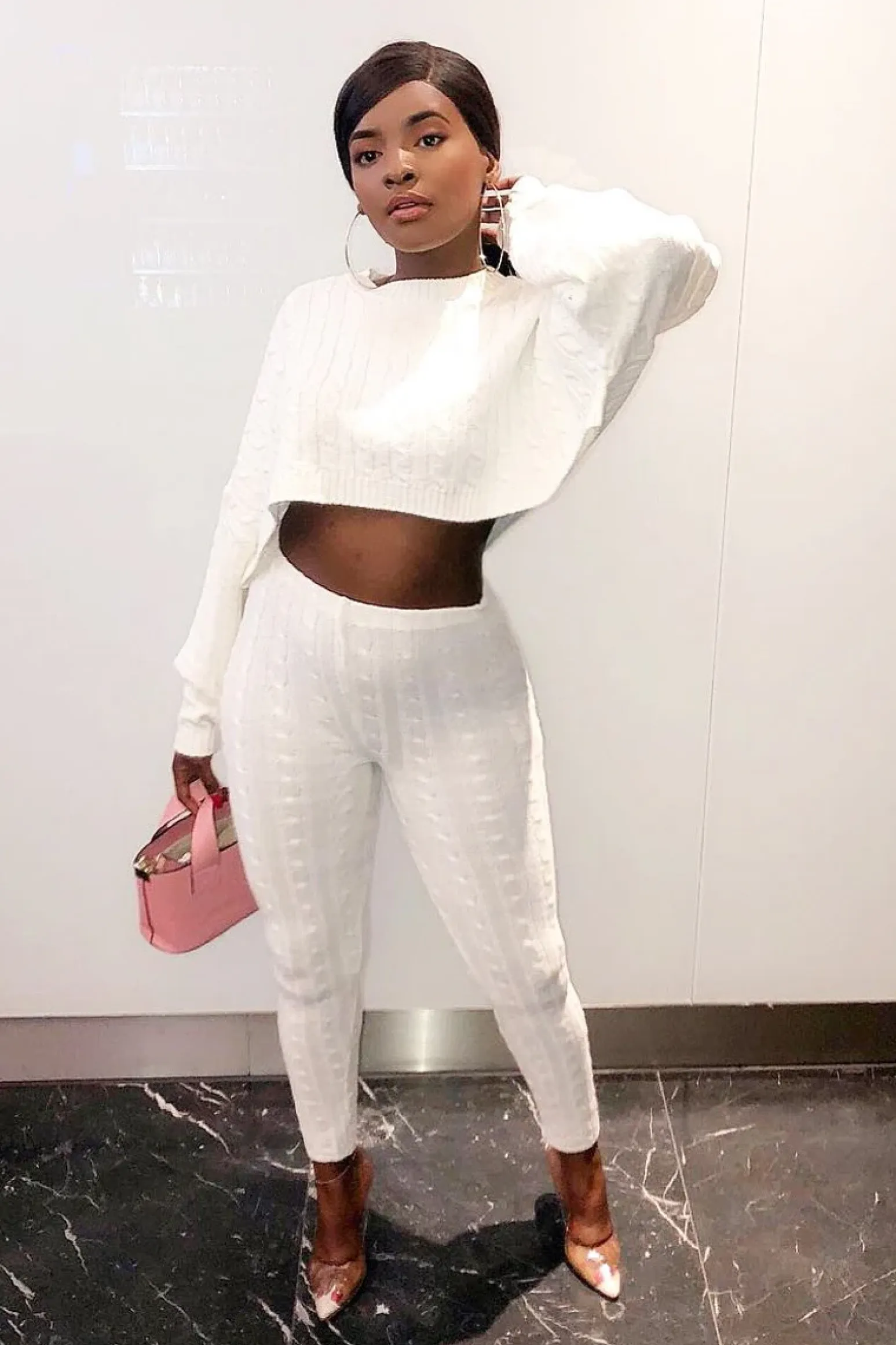 Rebellious Fashion Cream Cable Knit Batwing Jumper Loungwear Set - Janea