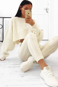 Rebellious Fashion Cream Cable Knit Batwing Jumper Loungwear Set - Janea
