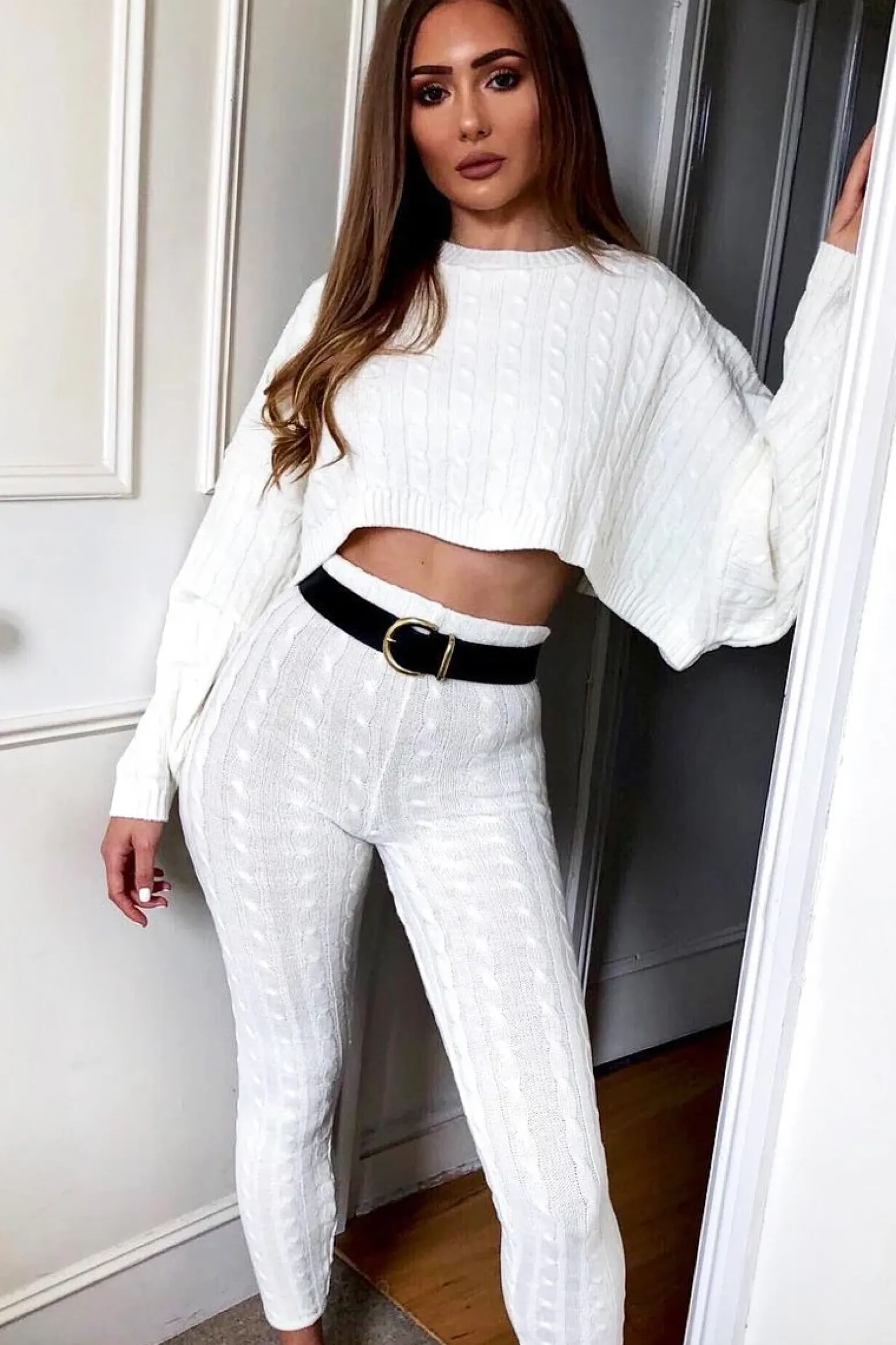 Rebellious Fashion Cream Cable Knit Batwing Jumper Loungwear Set - Janea