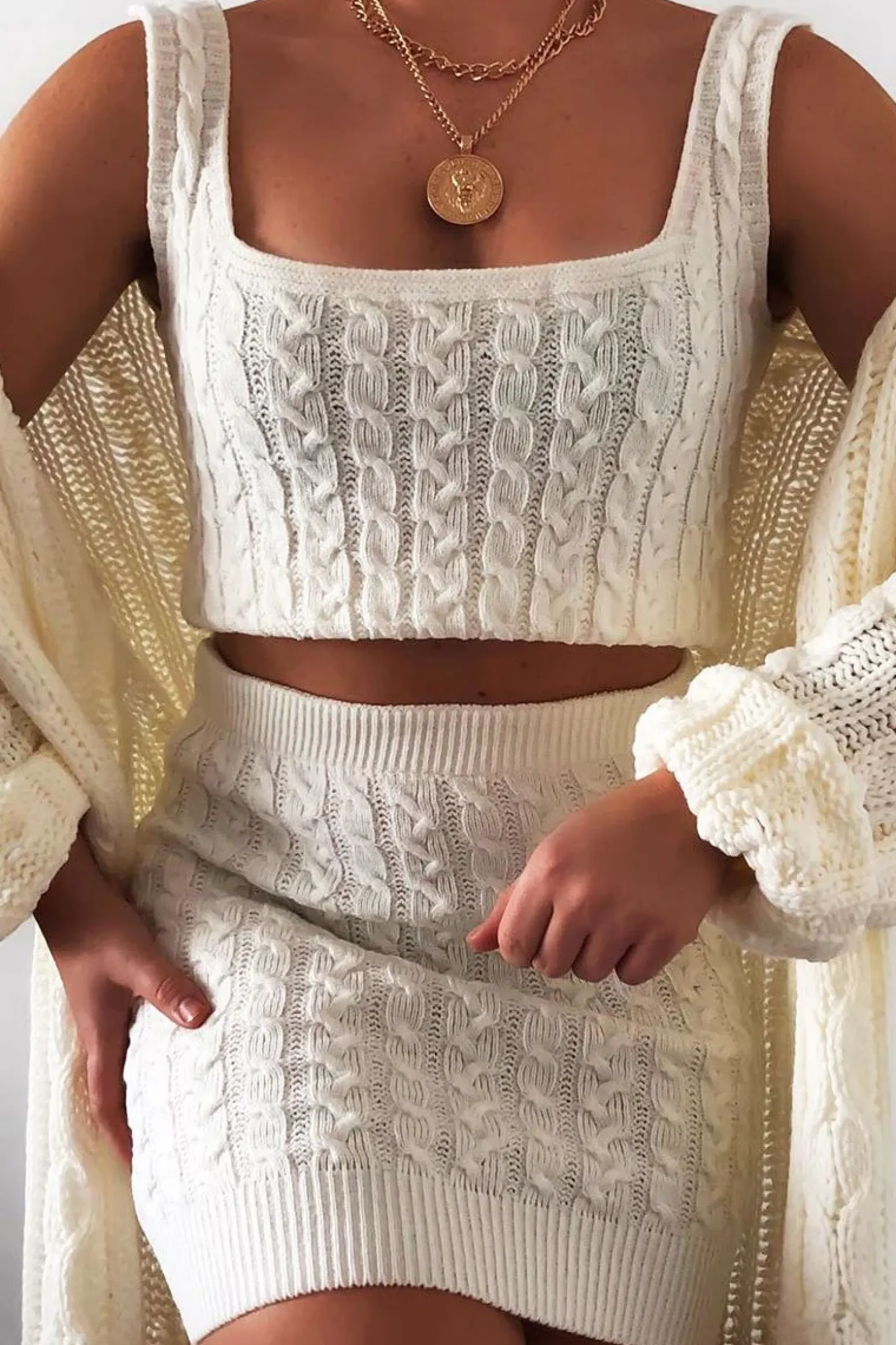 Rebellious Fashion Cream Cable Knit Crop Top Skirt Co-ord - Vennie