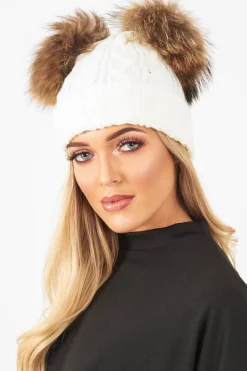 Rebellious Fashion Cream Cable Knit Double Bobble Hat - Cheyann