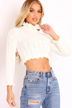 Rebellious Fashion Cream Cable Knit Frill Neck Jumper - Jacie