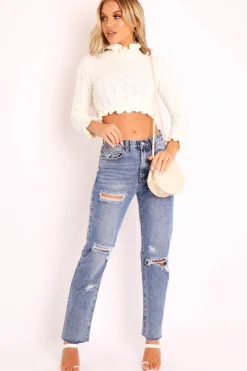 Rebellious Fashion Cream Cable Knit Frill Neck Jumper - Jacie