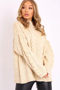 Rebellious Fashion Cream Cable Knit High Neck Oversized Jumper - Kiyla