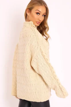 Rebellious Fashion Cream Cable Knit High Neck Oversized Jumper - Kiyla