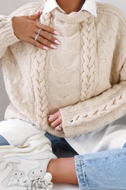 Rebellious Fashion Cream Cable Knit High Neck Oversized Jumper - Kiyla