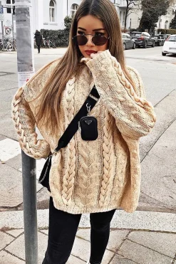 Rebellious Fashion Cream Cable Knit High Neck Oversized Jumper - Kiyla
