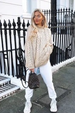 Rebellious Fashion Cream Cable Knit High Neck Oversized Jumper - Kiyla