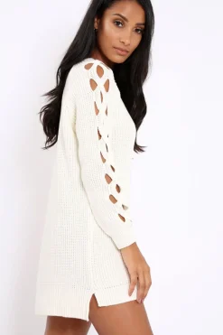 Rebellious Fashion Cream Cable Knit Jumper Dress with Cut out Detail - Daysie