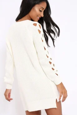 Rebellious Fashion Cream Cable Knit Jumper Dress with Cut out Detail - Daysie