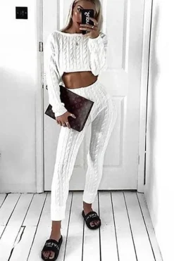 Rebellious Fashion Cream Cable Knit Loungewear Co-ord - Anha
