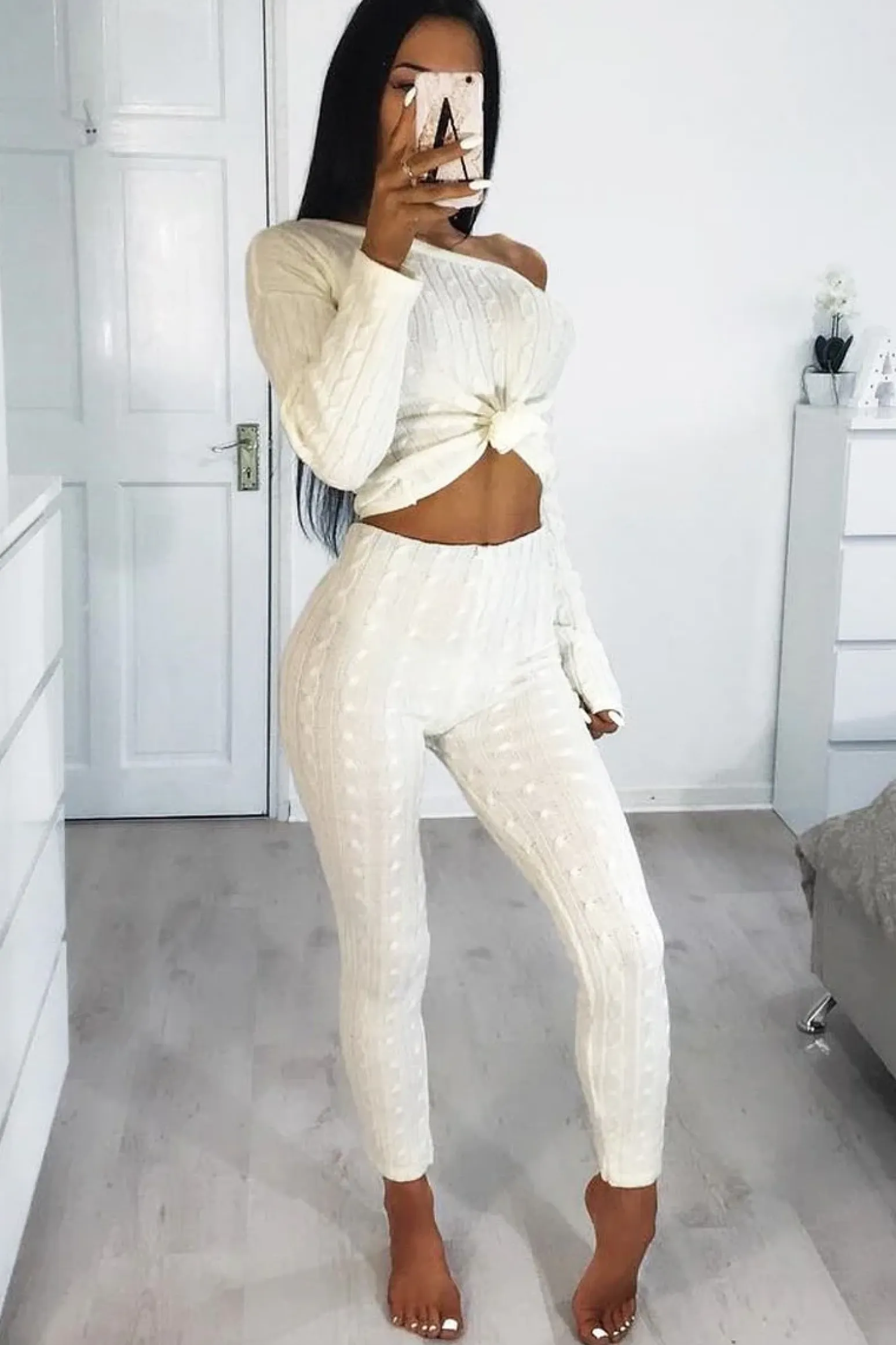 Rebellious Fashion Cream Cable Knit Loungewear Co-ord - Anha