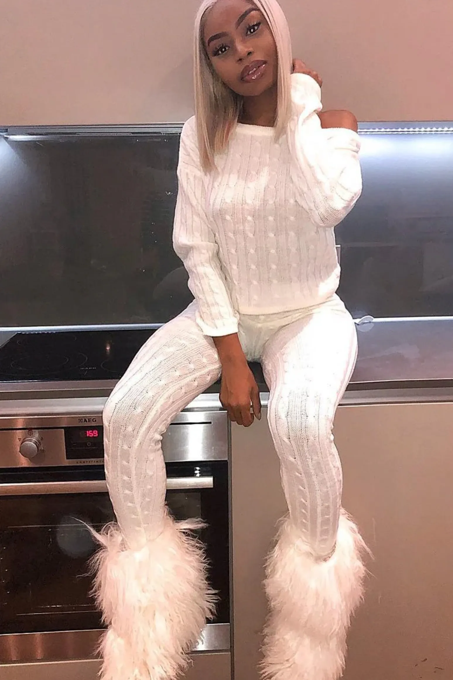 Rebellious Fashion Cream Cable Knit Loungewear Co-ord - Anha