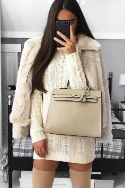 Rebellious Fashion Cream Cable Knit Roll Neck Jumper Dress - Matilda