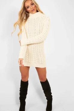 Rebellious Fashion Cream Cable Knit Roll Neck Jumper Dress - Matilda