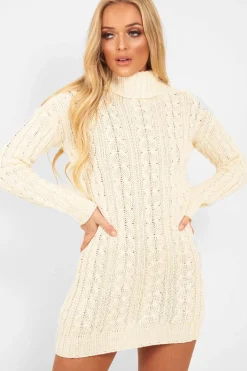 Rebellious Fashion Cream Cable Knit Roll Neck Jumper Dress - Matilda