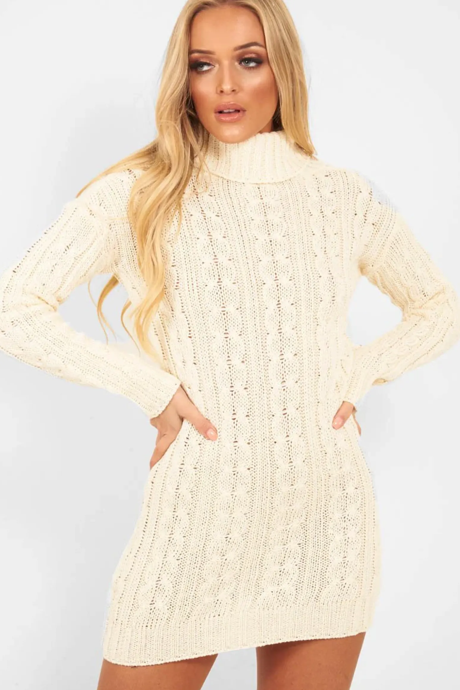 Rebellious Fashion Cream Cable Knit Roll Neck Jumper Dress - Matilda