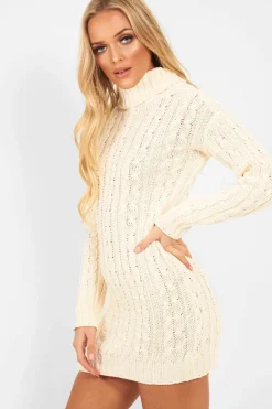 Rebellious Fashion Cream Cable Knit Roll Neck Jumper Dress - Matilda