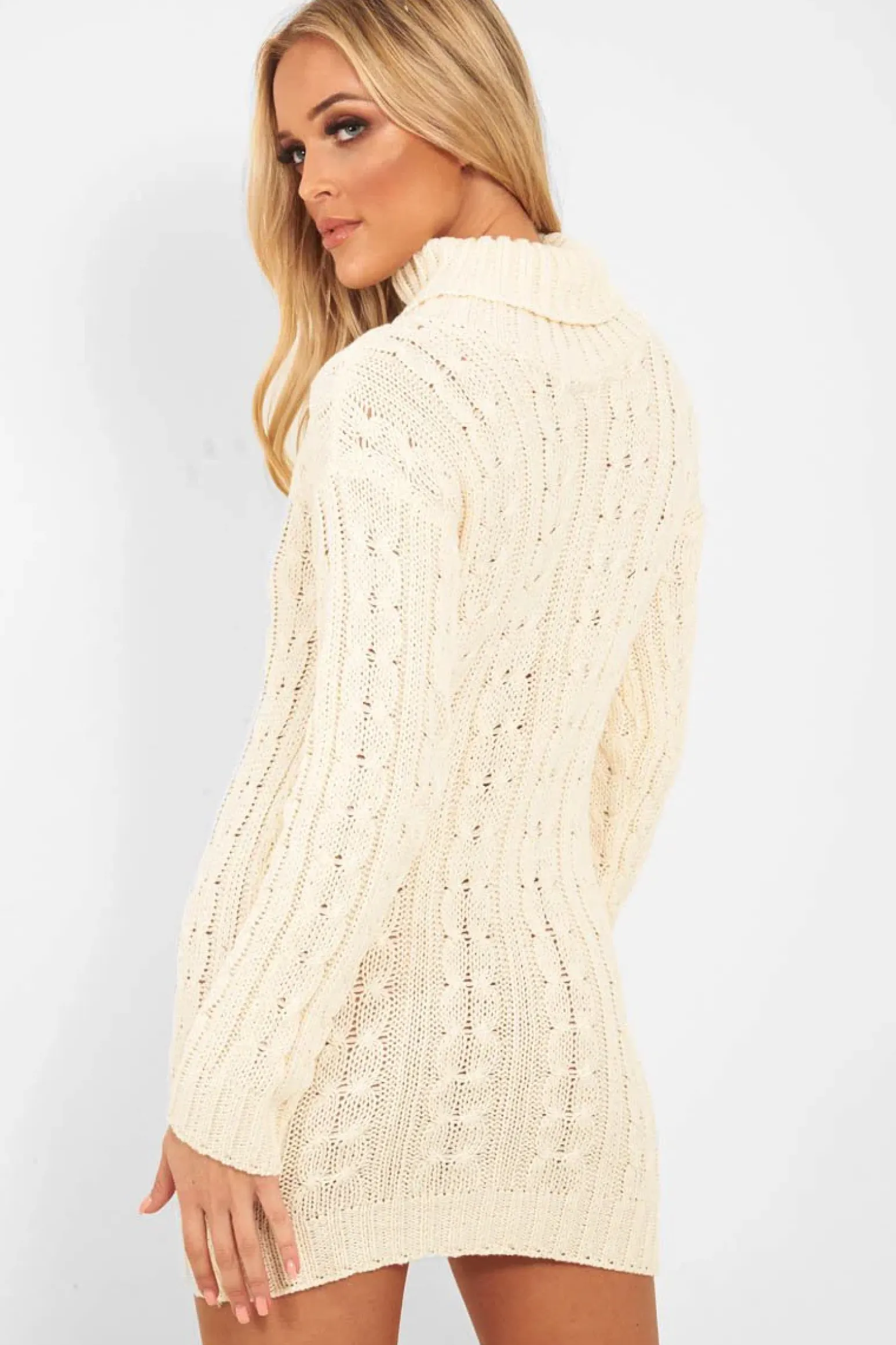 Rebellious Fashion Cream Cable Knit Roll Neck Jumper Dress - Matilda