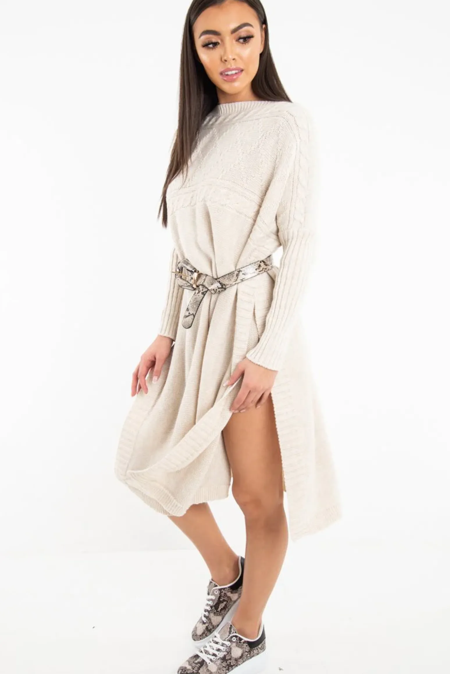 Rebellious Fashion Cream Cable Knit Side Split Jumper Dress - Maniya