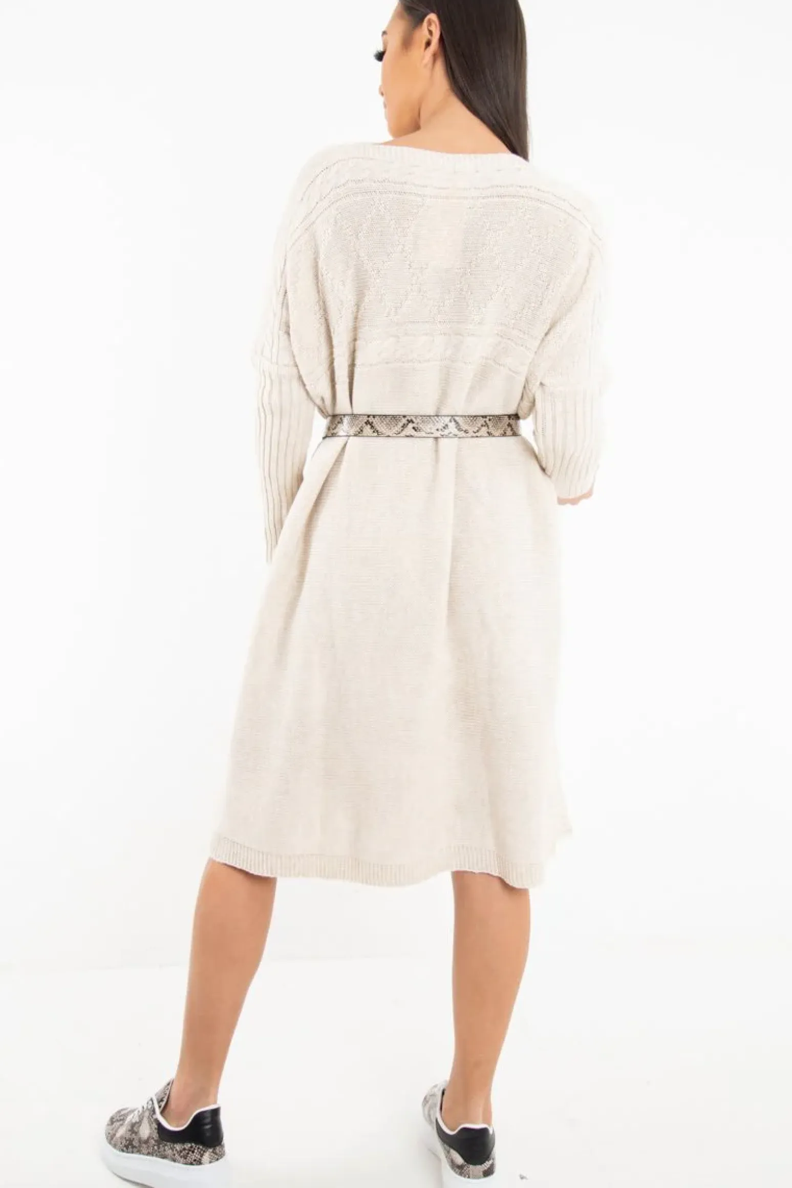 Rebellious Fashion Cream Cable Knit Side Split Jumper Dress - Maniya