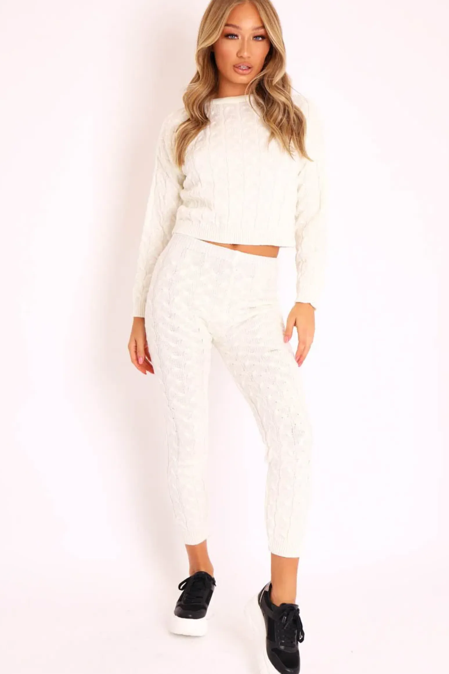 Rebellious Fashion Cream Cable Knit Sweater and Leggings Loungewear Co-ord - Ionia