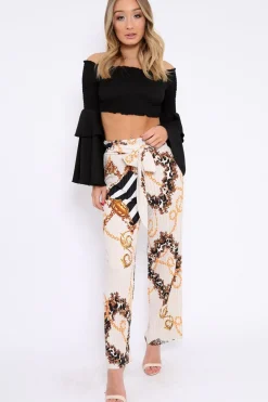 Rebellious Fashion Cream Chain Pleated Wide Leg Trousers - Neola