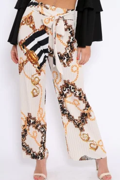 Rebellious Fashion Cream Chain Pleated Wide Leg Trousers - Neola