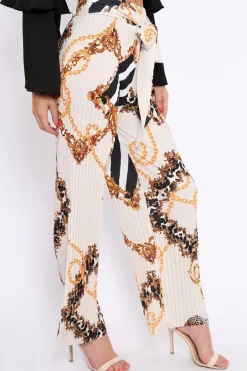 Rebellious Fashion Cream Chain Pleated Wide Leg Trousers - Neola