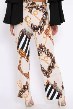 Rebellious Fashion Cream Chain Pleated Wide Leg Trousers - Neola