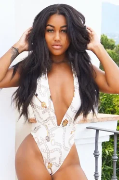 Rebellious Fashion Cream Chain Print Plunge Halterneck Swimsuit - Leighla