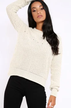 Rebellious Fashion Cream Chunky Knit Distressed Jumper - Bella