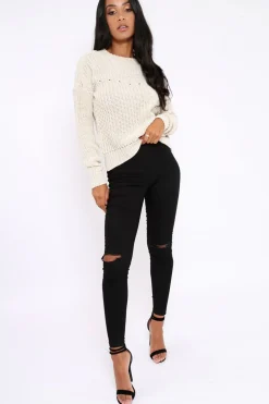 Rebellious Fashion Cream Chunky Knit Distressed Jumper - Bella