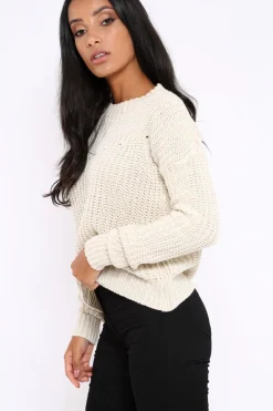 Rebellious Fashion Cream Chunky Knit Distressed Jumper - Bella