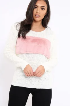 Rebellious Fashion Cream Chunky Knit Faux Fur Front Panel Jumper - Ophelia