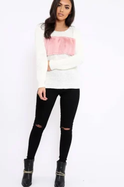 Rebellious Fashion Cream Chunky Knit Faux Fur Front Panel Jumper - Ophelia
