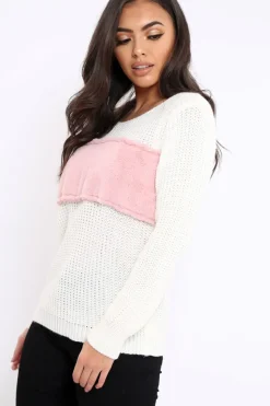 Rebellious Fashion Cream Chunky Knit Faux Fur Front Panel Jumper - Ophelia